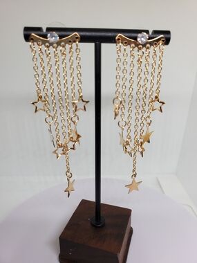 NEW! 14K Gold Plated Star Dangle Earrings with Crystal Accent - Women Jewelry